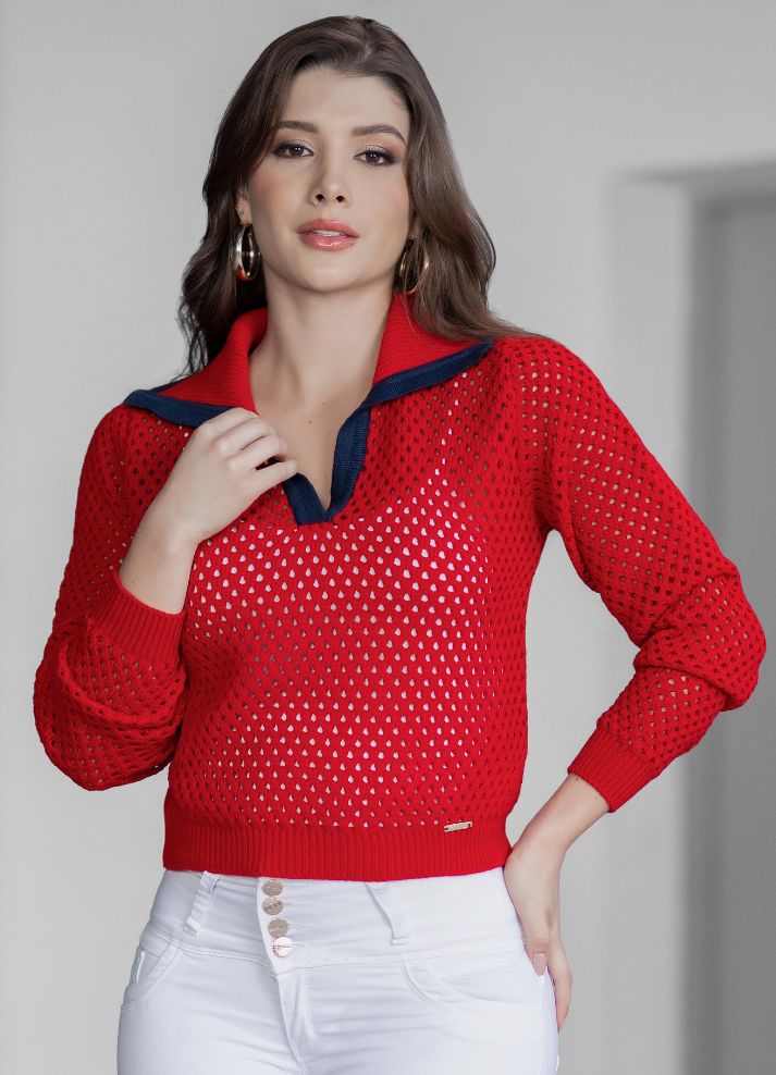 Suéter tipo polo punto calado