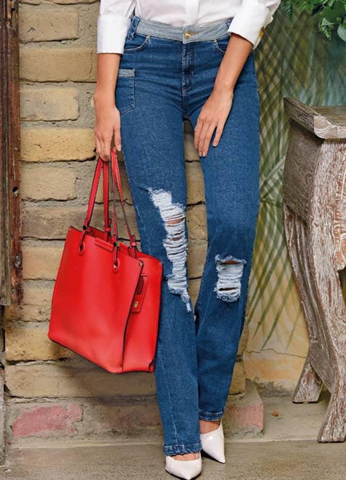 Jean bota recta con desgaste - Ropa Colombiana by Victoria Herrera