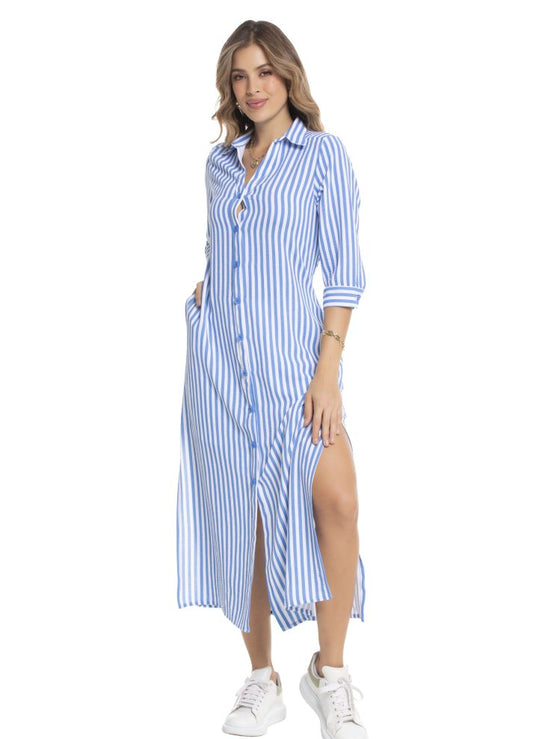 Vestido largo manga 3/4 cuello camisero rayas