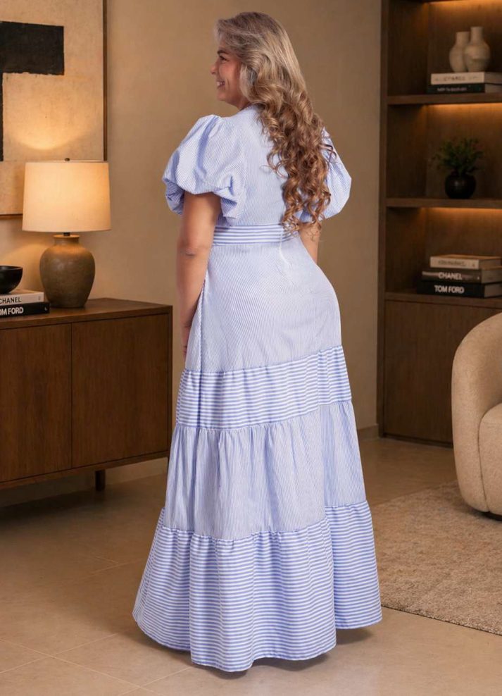 Vestido largo manga globo en algodón