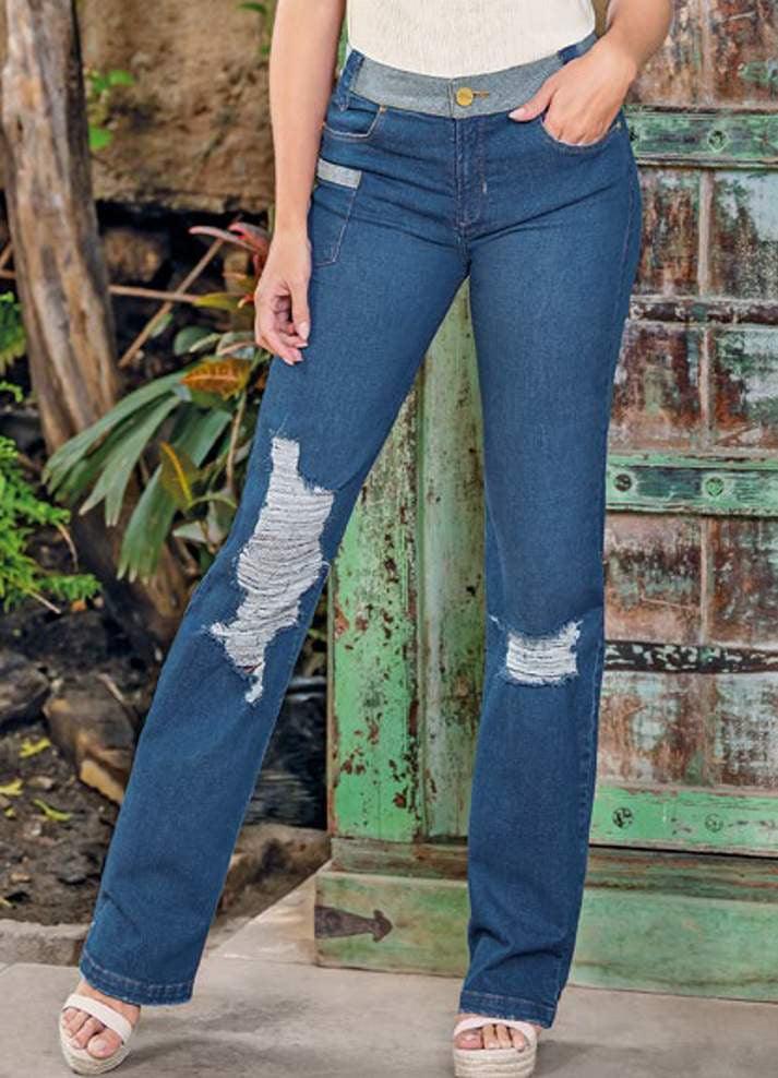 Jean bota recta con desgaste - Ropa Colombiana by Victoria Herrera