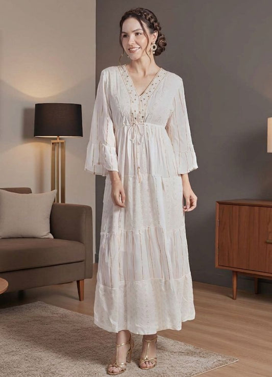 Long-sleeved long cotton dress