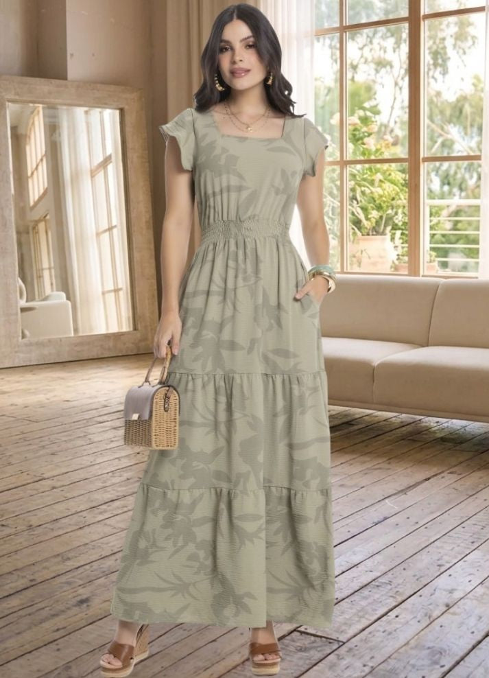 Vestido largo manga corta volante