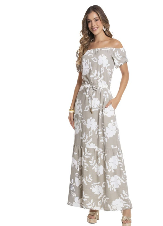 Vestido largo manga corta hombros descubiertos