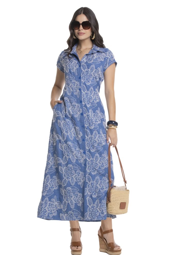 Vestido largo manga corta cuello camisero