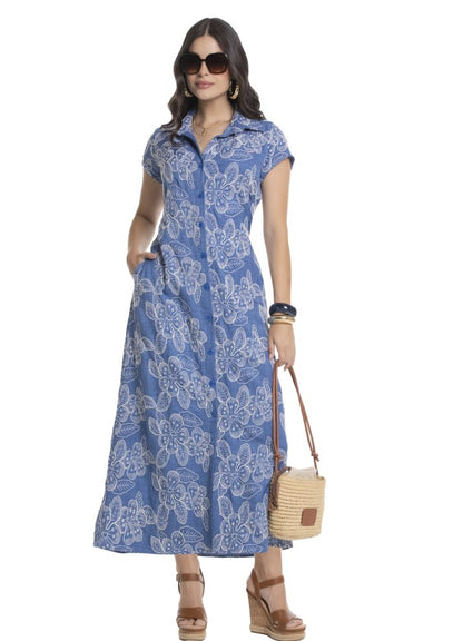 Vestido largo manga corta cuello camisero