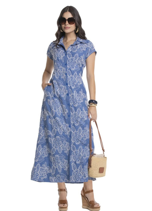 Vestido largo manga corta cuello camisero