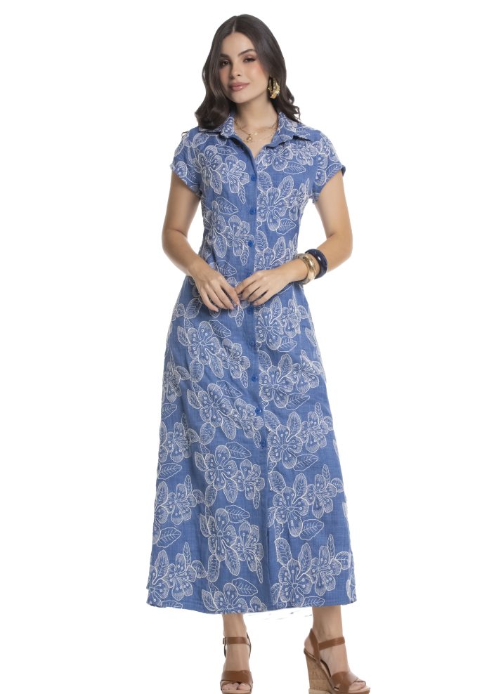 Vestido largo manga corta cuello camisero