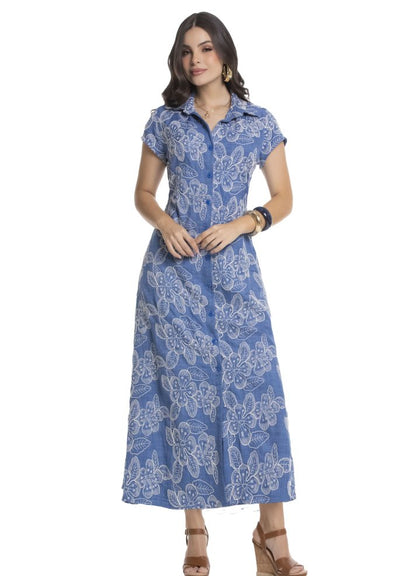 Vestido largo manga corta cuello camisero