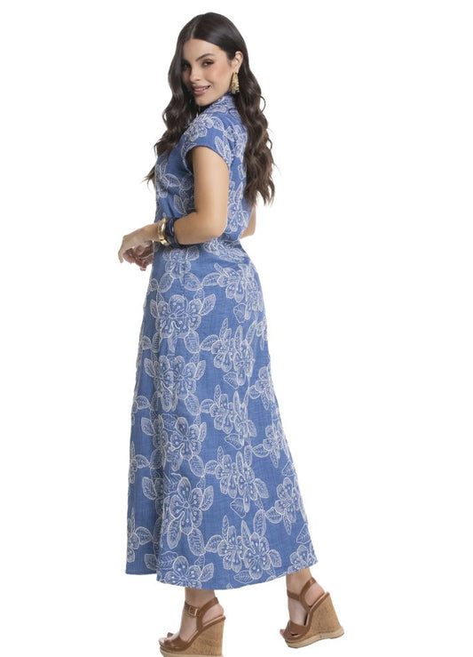 Vestido largo manga corta cuello camisero