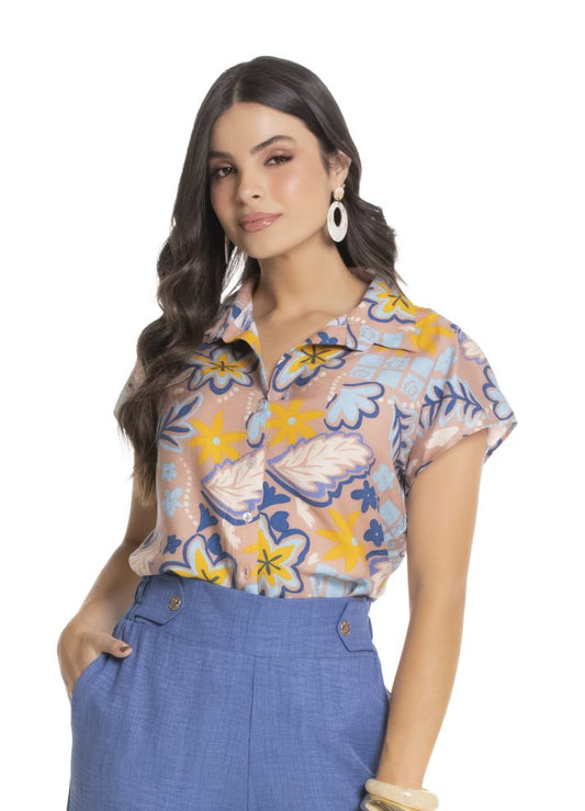 Blusa manga corta cuello camisero