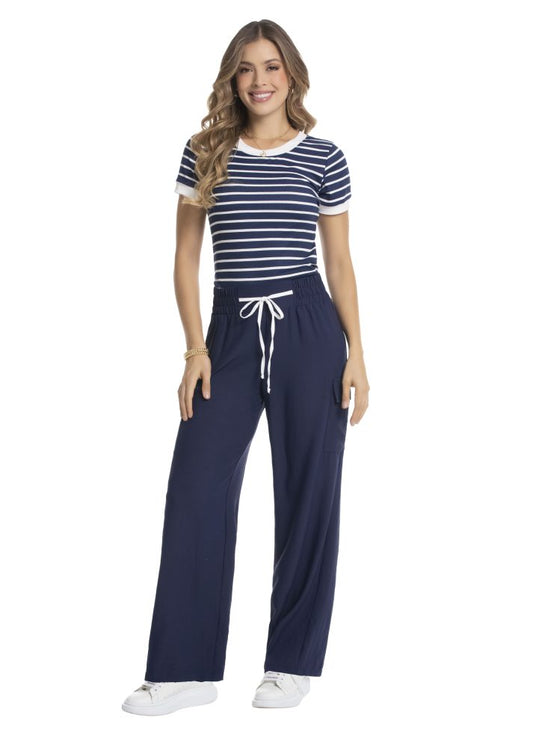 Pantalón bota ancha resortado en espalda Azul Oscuro