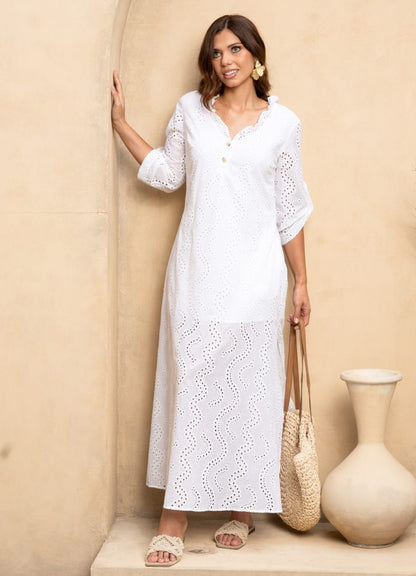 Vestido largo manga 3/4 ojalillo