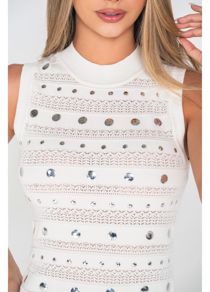 Vestido corto manga sisa apliques metálico