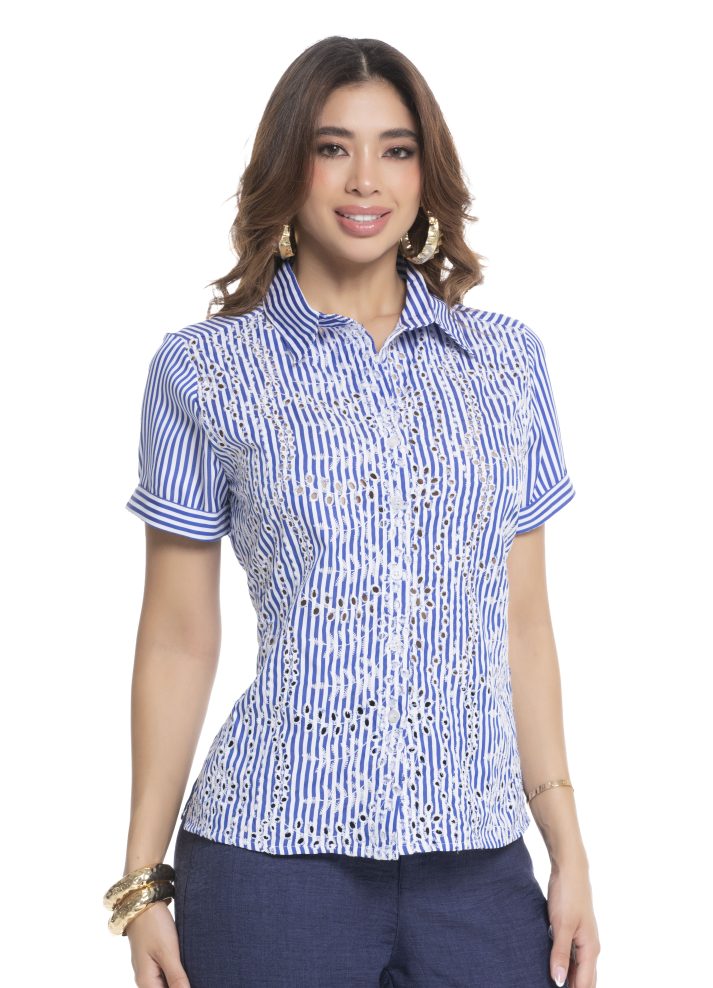 Camisa manga corta cuello camisero ojalillo