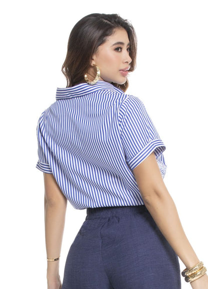 Camisa manga corta cuello camisero ojalillo
