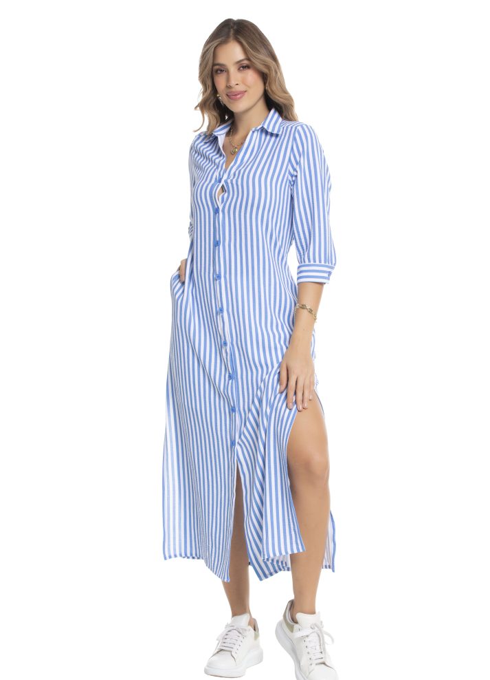Vestido largo manga 3/4 cuello camisero rayas