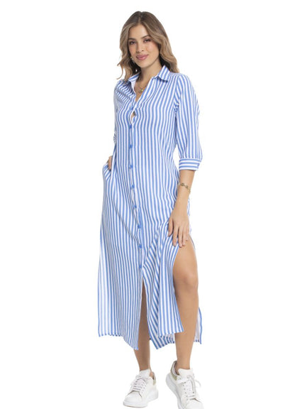 Vestido largo manga 3/4 cuello camisero rayas