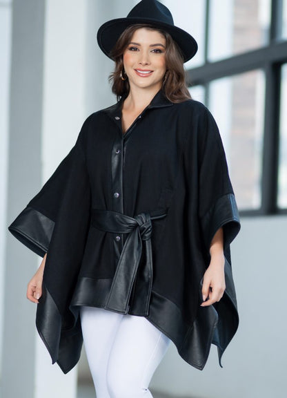 Ruana con botones en denim y cuerotex