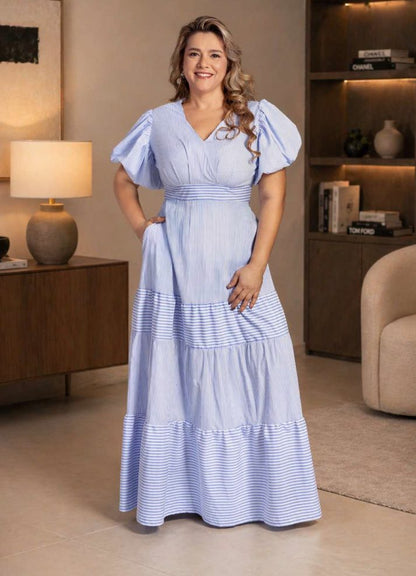 Vestido largo manga globo en algodón